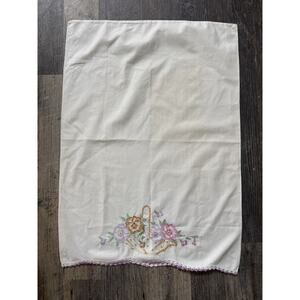 Vintage Embroidered Standard Pillowcase with Crochet Trim